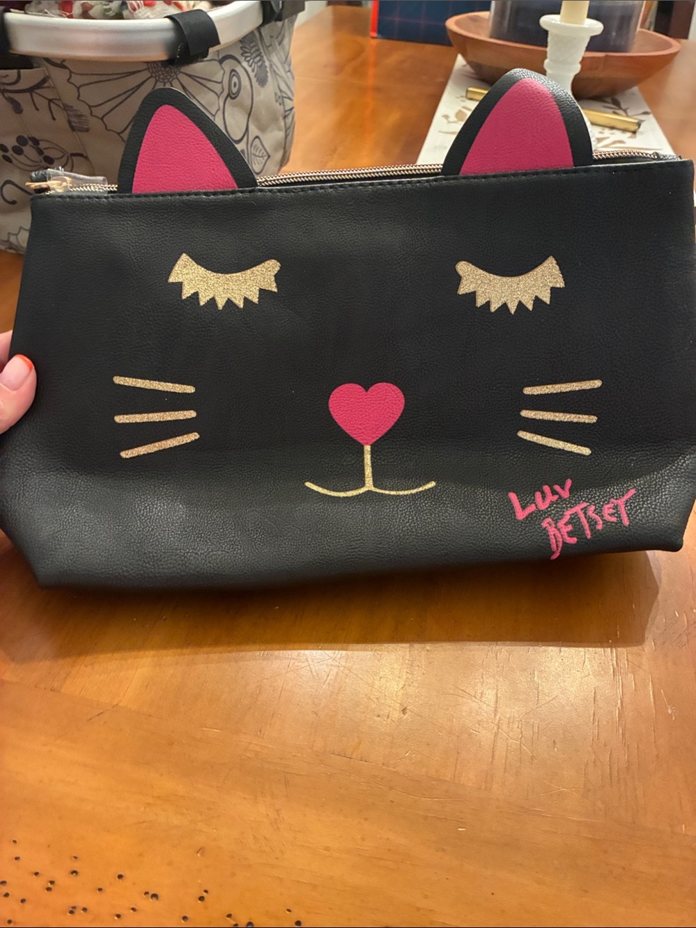 Betsey Johnson Black Cat Face Pouch with Pink Accents